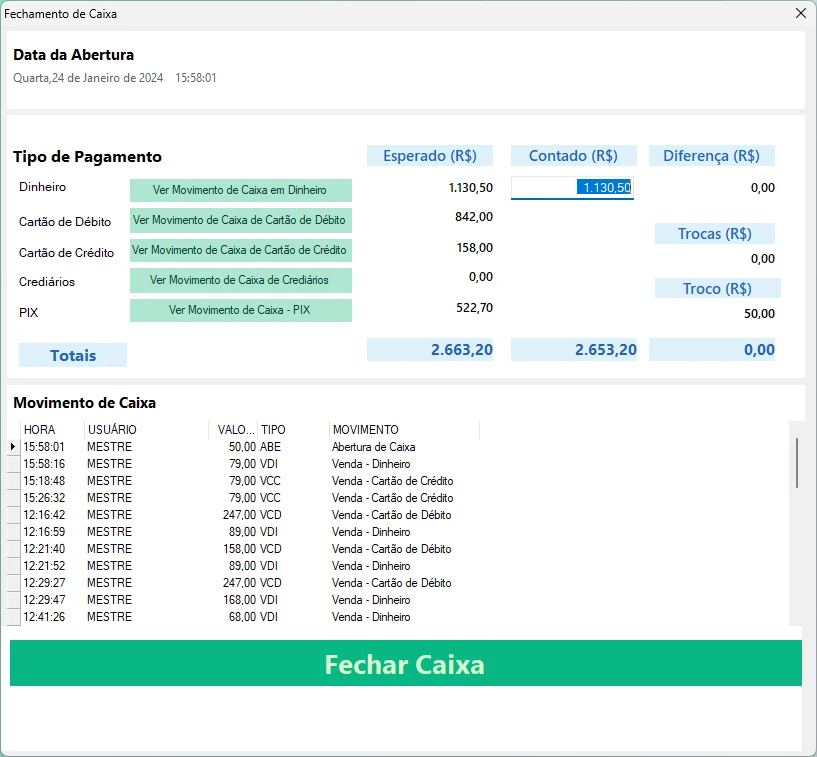 tela de fechamento de caixa do sistema para loja de roupas MEI