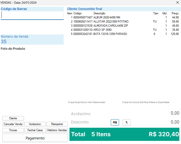 tela de vendas do sistema para loja de roupas MEI Manager