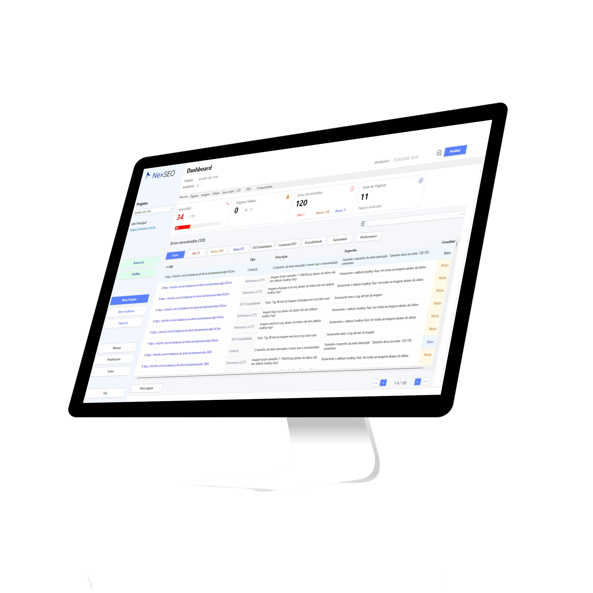 computador desktop com nexseo computador com dashboard do Nexseo